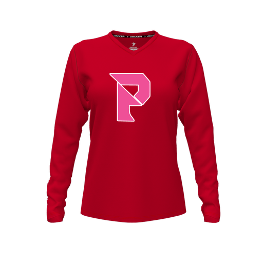 [FTLVPTRD-FYXS-LOGO2] Decker Performance T-Shirt (Female Youth XS, Red, V Neck, Logo 2, Long Sleeve)